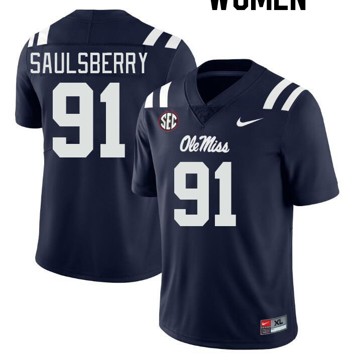 Women #91 Myles Saulsberry Ole Miss Rebels College Football Jerseyes Stitched Sale-Navy
